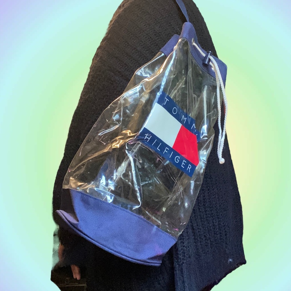 Vintage 90s Blue Tommy Hilfiger Flag Clear Drawstring Backpack / Beach Bag